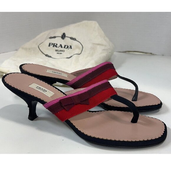 Prada Designer Black Mule Kitten Heel with Pink & Red Ribbon and Bow IT 35.5 - Picture 3 of 8